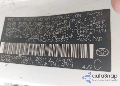 2021 Toyota Corolla Le z USA, uszkodzony, nr VIN JTDEPMAEXMJ139393